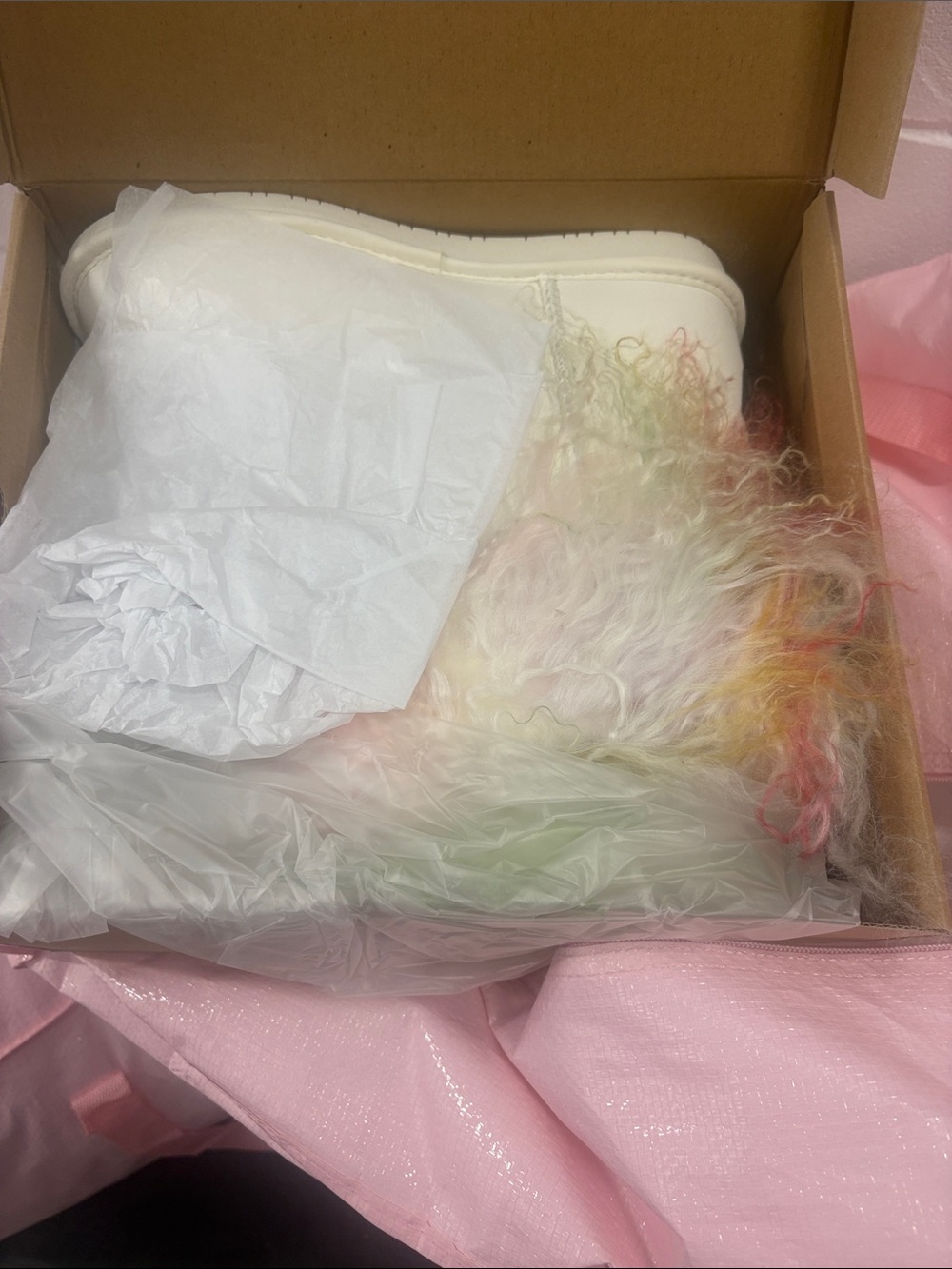 BearPaw White Platform Ankle Boots with Pastel Rainbow Faux Fur